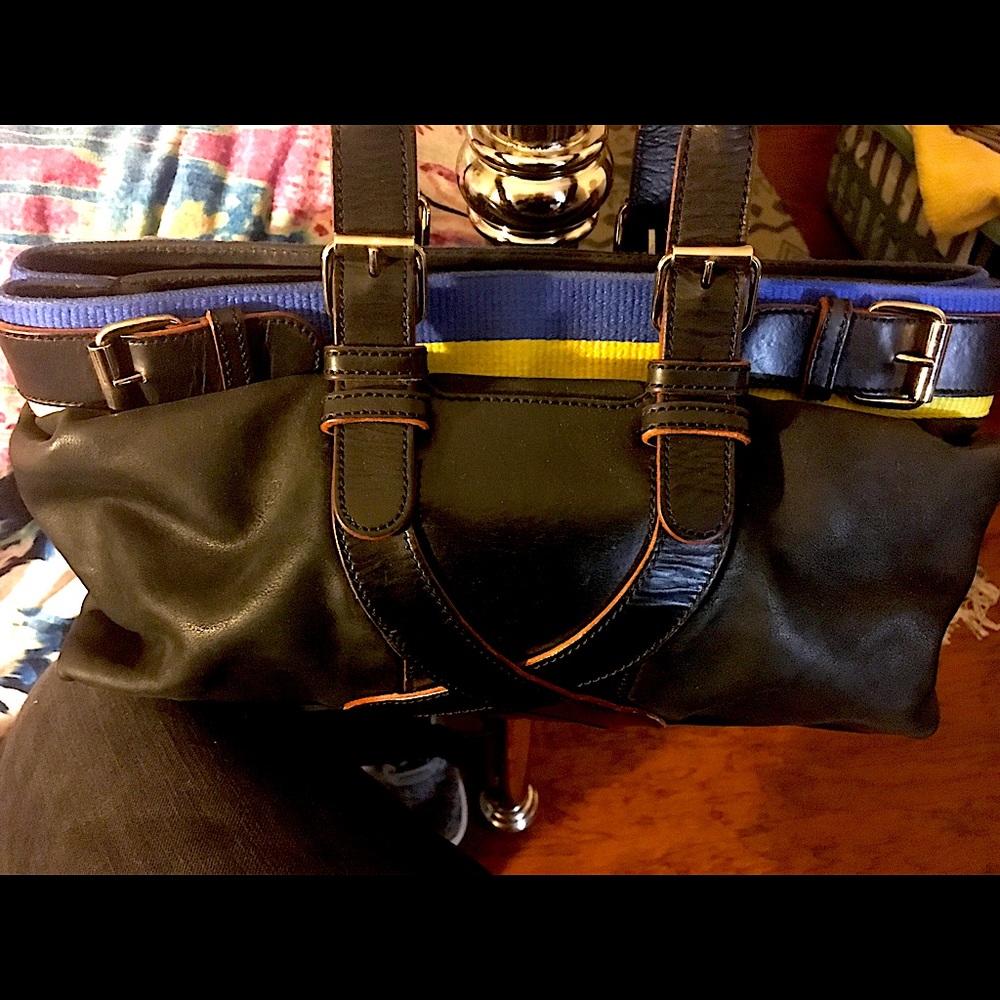 Gently Used Black Leather Loewe Bag w/yellow and blue cloth around opening